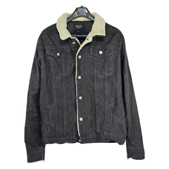 Boohoo Jacket Men’s Black Corduroy Sherpa Button Unisex Borg Collar Button Up XL - Picture 2 of 4